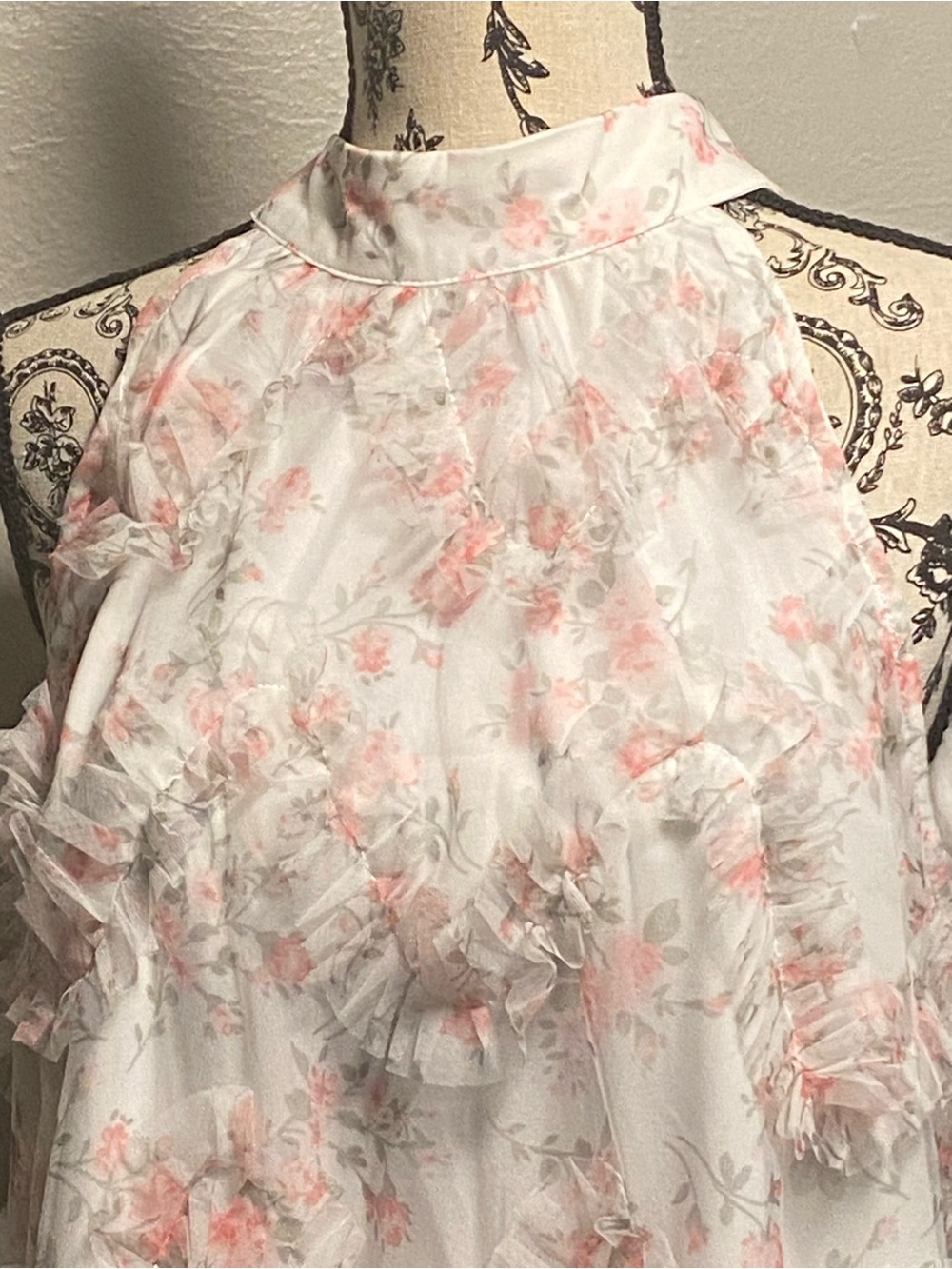 Floral Asymmetrical Halter Dress - White with Soft Pink